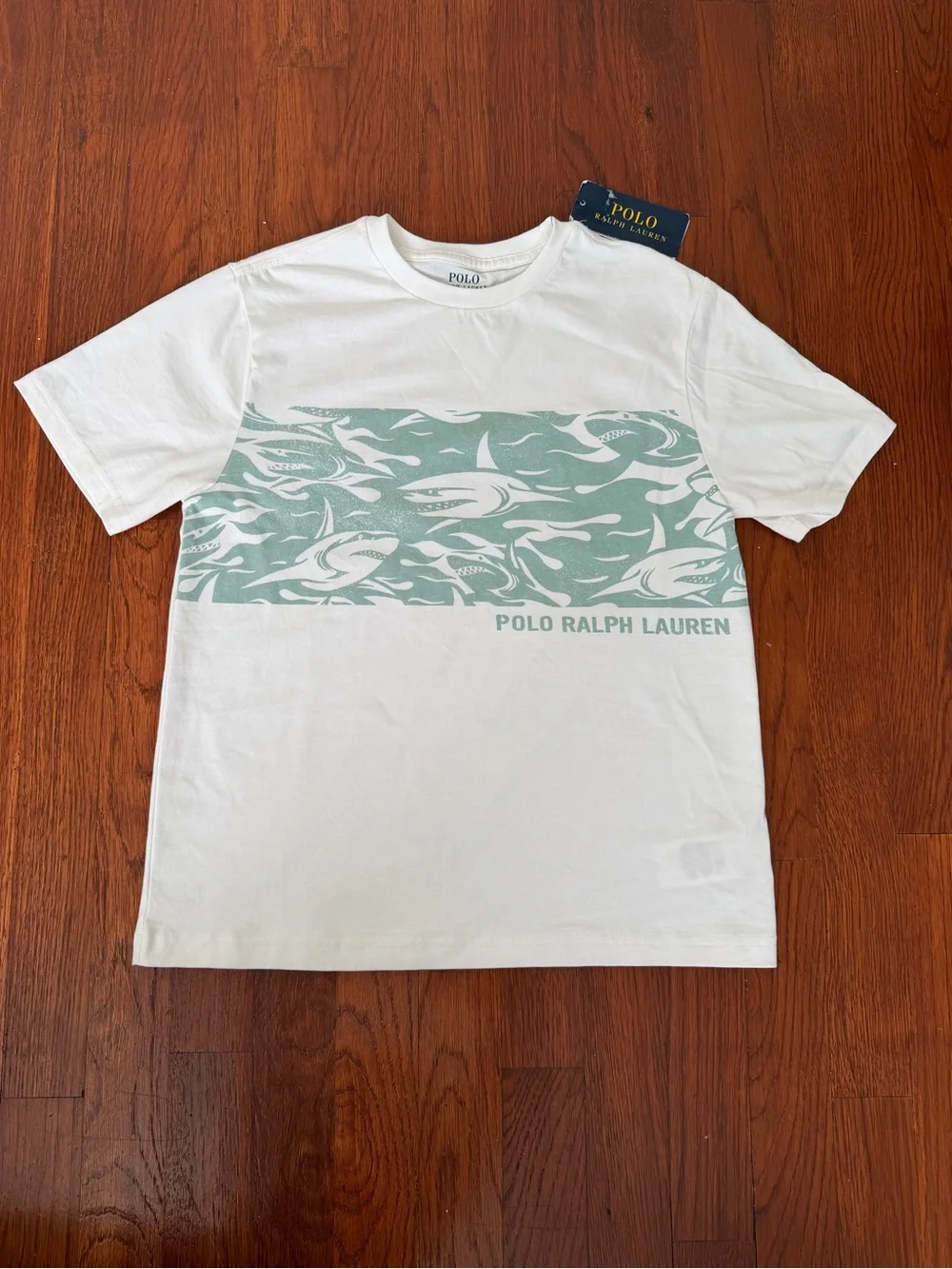 Ralph Lauren White Tee with Seafoam Graphic Shark Panel